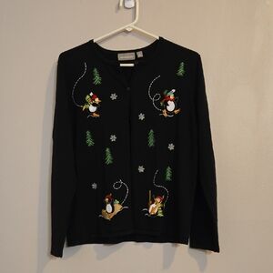 Croft And Barrow Penguin Cute Ugly Christmas Sweater Button Cardigan Size Large